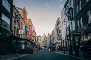 A bustling street scene in Dublin.