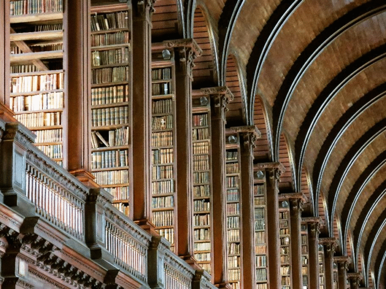Interior of Library in Dublin with antique wooden bookshelves and historical charm