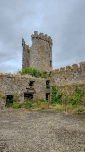 Ruined stone tower and surrounding walls of a medieval Irish fortification site
