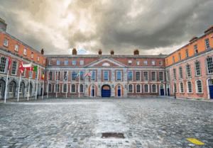 Dublin Castle courtyard with red brick Georgian buildings and cobblestone square