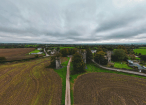 This photo shows an aerial view of castle ruins.