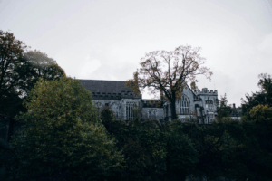 This photo shows a castle with trees in front of it.