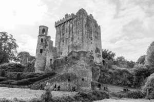 This photo shows a castle in black and white.