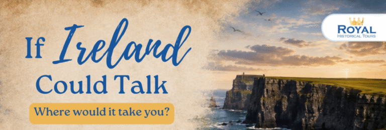 Infographic highlighting Royal Historical Tours' private Ireland day tours, featuring Meath, Wicklow, Dublin, and Derry. Showcasing historic landmarks, scenic landscapes, and personalised guided experiences that help travellers discover Ireland’s rich heritage, culture, and breathtaking beauty.