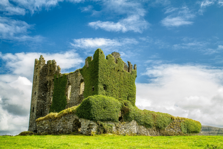 Exterior view of Trim Castle's historic stone walls and keep under a clear blue sky in County Meath, Ireland.