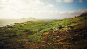 Aerial view of green rural fields and countryside landscapes in Ireland.