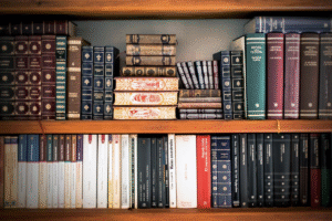 Shelves filled with old reference books