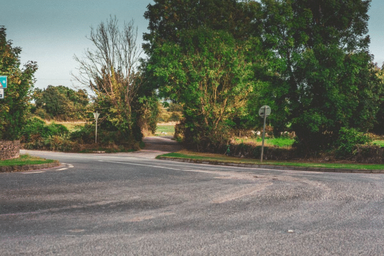 Winding country road through green Irish countryside