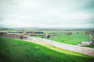 Panoramic Irish countryside from a historic hilltop site
