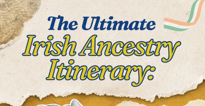 Infographic presenting an Irish ancestry itinerary with four steps: researching family roots, tracing ancestral places, discovering their world, and creating a personalised journey through Ireland with Royal Historical Tours.