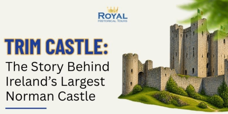 Infographic about Trim Castle, Ireland’s largest Norman castle, covering its history, 800-plus years of heritage, 30,000 m² grounds, medieval architecture, scenic River Boyne setting, and why it belongs on an Ireland travel itinerary.